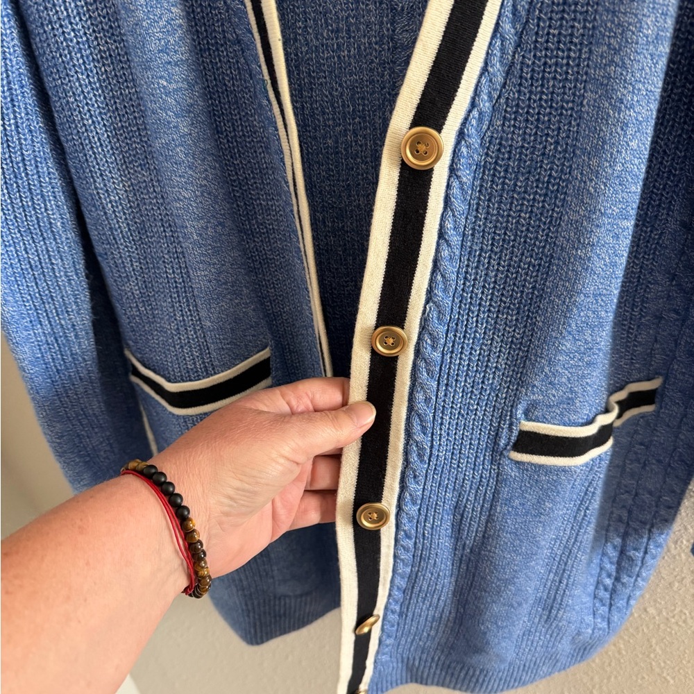 Talbots Blue Cardigan with Black and White Accents - Picture 6 of 12